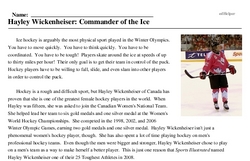 Print <i>Hayley Wickenheiser: Commander of the Ice</i> reading comprehension.