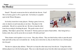 Print <i>Ice Hockey</i> reading comprehension.