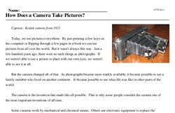 Print <i>How Does a Camera Take Pictures?</i> reading comprehension.