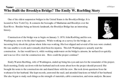 Print <i>Who Built the Brooklyn Bridge? The Emily W. Roebling Story</i> reading comprehension.