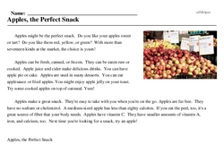 Print <i>Apples, the Perfect Snack</i> reading comprehension.