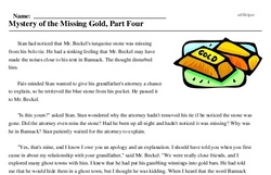 Print <i>Mystery of the Missing Gold, Part Four</i> reading comprehension.