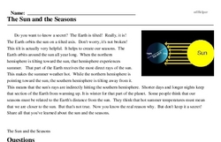 the sun and the seasons reading comprehension worksheet edhelper