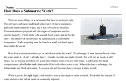Print <i>How Does a Submarine Work?</i> reading comprehension.