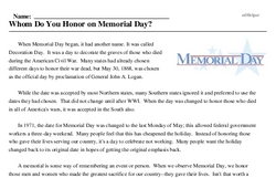 Print <i>Whom Do You Honor on Memorial Day?</i> reading comprehension.