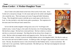 Print <i>Zizou Corder: A Mother-Daughter Team</i> reading comprehension.