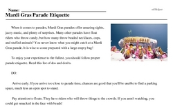 Print <i>Mardi Gras Parade Etiquette</i> reading comprehension.