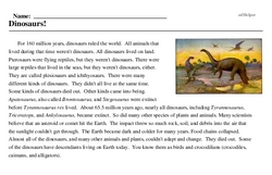Print <i>Dinosaurs!</i> reading comprehension.