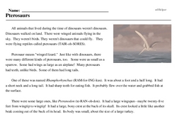 Print <i>Pterosaurs</i> reading comprehension.