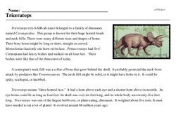 Print <i><i>Triceratops</i></i> reading comprehension.