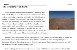 Print <i>The Driest Place on Earth</i> reading comprehension.