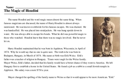 Print <i>The Magic of Houdini</i> reading comprehension.