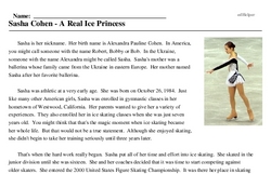 Print <i>Sasha Cohen - A Real Ice Princess</i> reading comprehension.