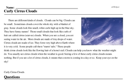Print <i>Curly Cirrus Clouds</i> reading comprehension.