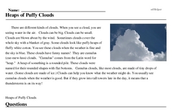 Print <i>Heaps of Puffy Clouds</i> reading comprehension.