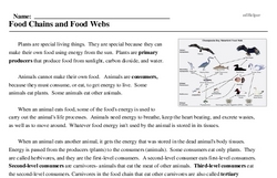 Print <i>Food Chains and Food Webs</i> reading comprehension.