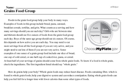 Print <i>Grains Food Group</i> reading comprehension.