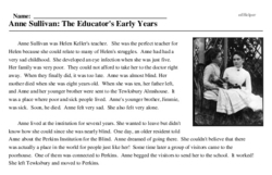 Print <i>Anne Sullivan: The Educator's Early Years</i> reading comprehension.