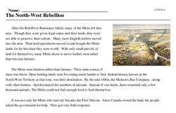 Print <i>The North-West Rebellion</i> reading comprehension.