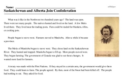 Print <i>Saskatchewan and Alberta Join Confederation</i> reading comprehension.