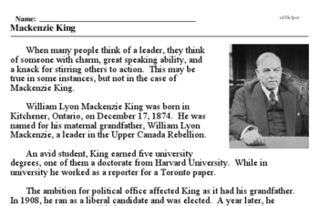 Print <i>Mackenzie King</i> reading comprehension.