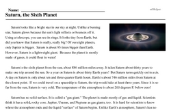Print <i>Saturn, the Sixth Planet</i> reading comprehension.
