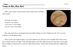 Print <i>Venus Is Hot, Hot, Hot!</i> reading comprehension.