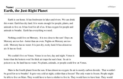 Print <i>Earth, the Just-Right Planet</i> reading comprehension.