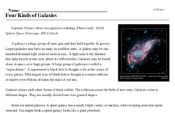 Print <i>Four Kinds of Galaxies</i> reading comprehension.