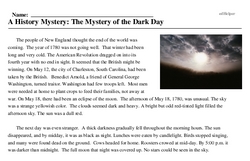 Print <i>A History Mystery: The Mystery of the Dark Day</i> reading comprehension.