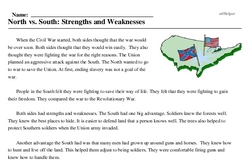 Print <i>North vs. South: Strengths and Weaknesses</i> reading comprehension.