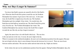Print <i>Why Are Days Longer In Summer?</i> reading comprehension.
