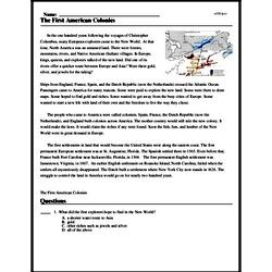 The First American Colonies - Reading Comprehension Worksheet | edHelper