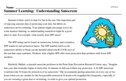 Print <i>Summer Learning: Understanding Sunscreen</i> reading comprehension.