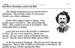 Print <i>Red River Resistance and Louis Riel</i> reading comprehension.