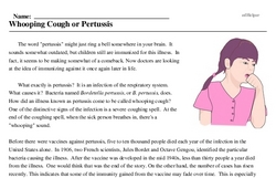 Print <i>Whooping Cough or Pertussis</i> reading comprehension.