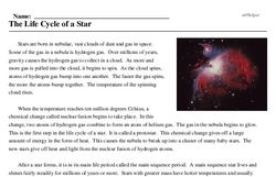 Print <i>The Life Cycle of a Star</i> reading comprehension.