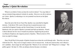Print <i>Quebec's Quiet Revolution</i> reading comprehension.