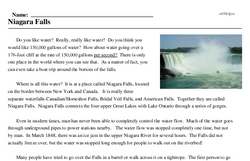 Print <i>Niagara Falls</i> reading comprehension.