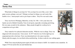 Print <i>Terry Fox</i> reading comprehension.