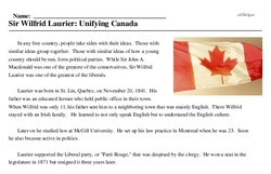 Print <i>Sir Wilfrid Laurier: Unifying Canada</i> reading comprehension.