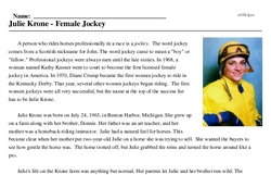 Print <i>Julie Krone - Female Jockey</i> reading comprehension.