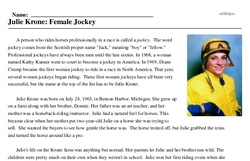 Print <i>Julie Krone: Female Jockey</i> reading comprehension.