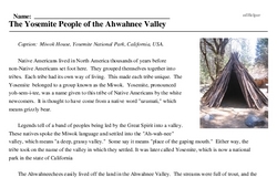 Print <i>The Yosemite People of the Ahwahnee Valley</i> reading comprehension.