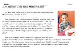 Print <i>Miss Brenda's Good Table Manners Game</i> reading comprehension.