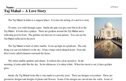 Print <i>Taj Mahal -- A Love Story</i> reading comprehension.