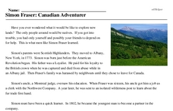 Print <i>Simon Fraser: Canadian Adventurer</i> reading comprehension.