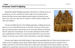 Print <i>Extreme Sand Sculpting</i> reading comprehension.