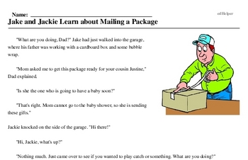 Print <i>Jake and Jackie Learn about Mailing a Package</i> reading comprehension.