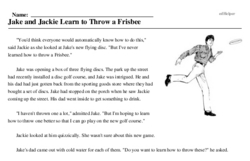 Print <i>Jake and Jackie Learn to Throw a Frisbee</i> reading comprehension.